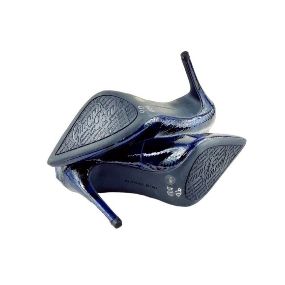 Ankle Strap Gianni Bini Stiletto Pump Patent Leather Navy Blue Embossed Shinny - Picture 8 of 11